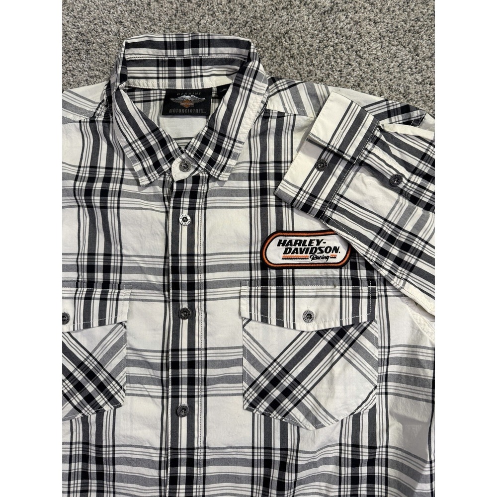 Harley Davidson Racing Shirt Mens XL White Black Plaid Long Sleeve Button #1